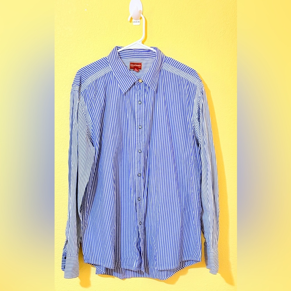Vintage Tommy Hilfiger Red Label Denim Striped Snap Front Shirt Size XL